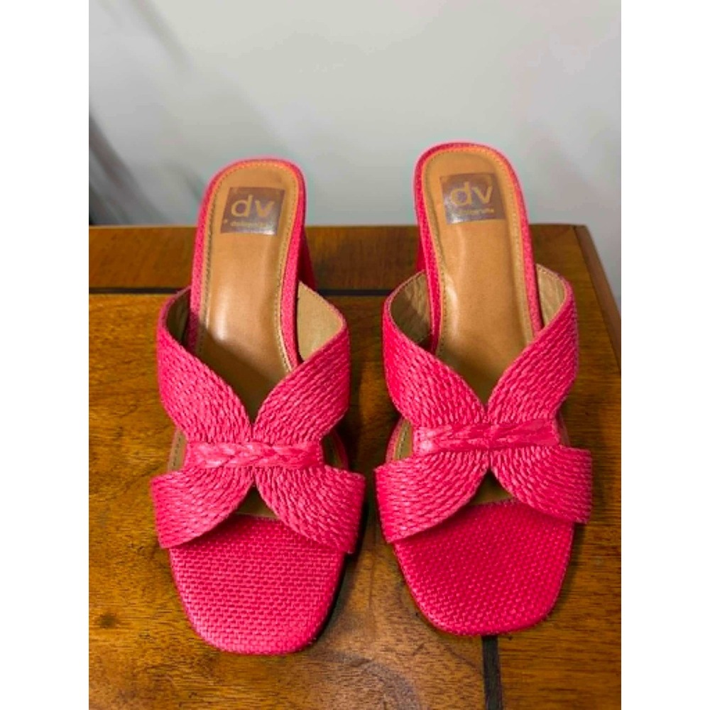 DV Dolce Vita Women's 7.5  Haady Pink Woven Block Heels Sandals Square Toe Slide